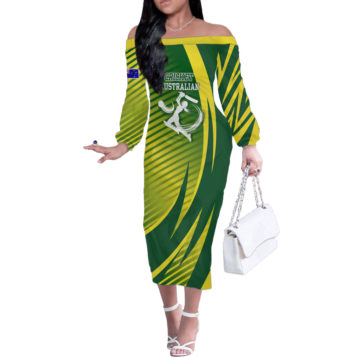 Australian Cricket Off The Shoulder Long Sleeve Dress Dynamic Stripe Graphic With Player Silhouette