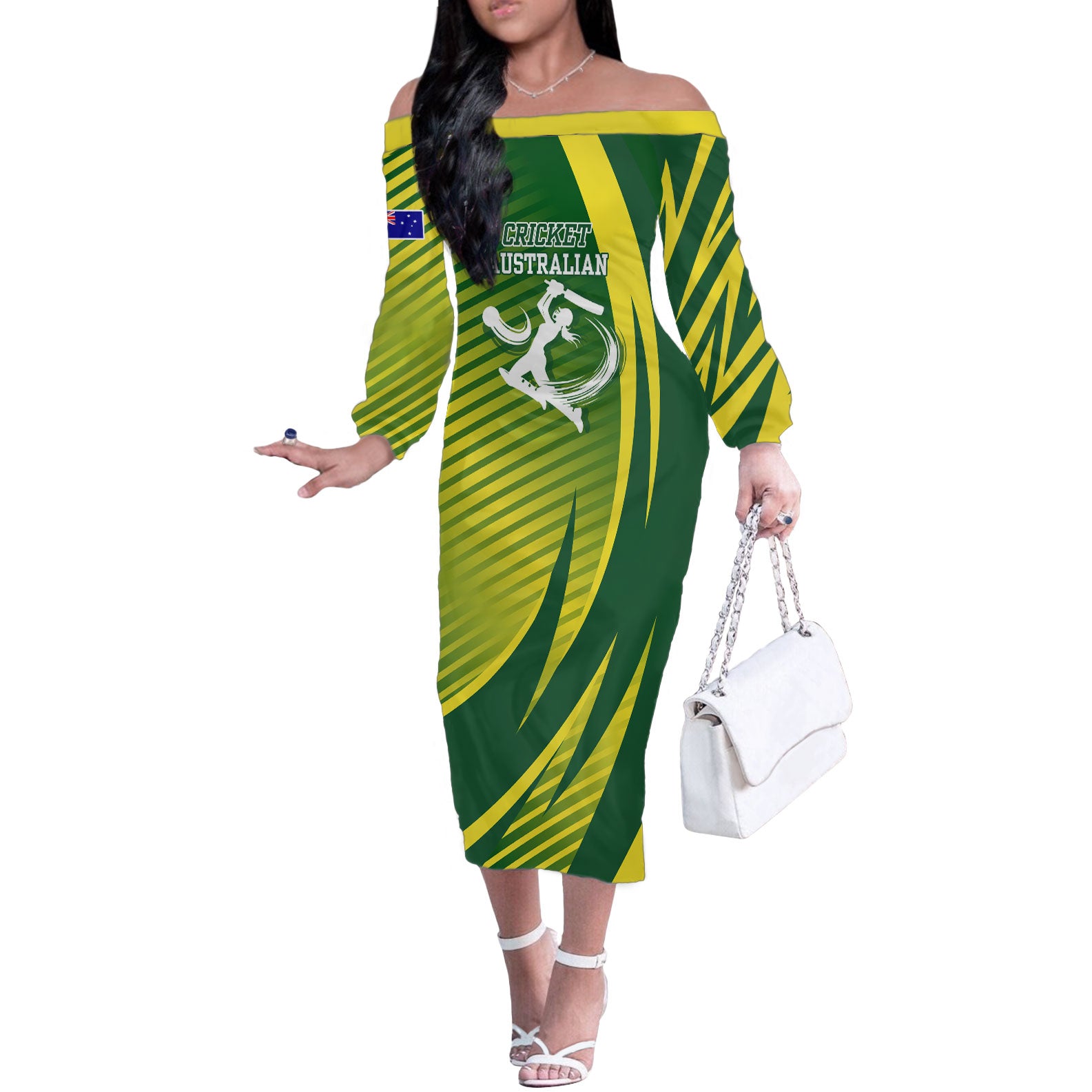 Australian Cricket Off The Shoulder Long Sleeve Dress Dynamic Stripe Graphic With Player Silhouette