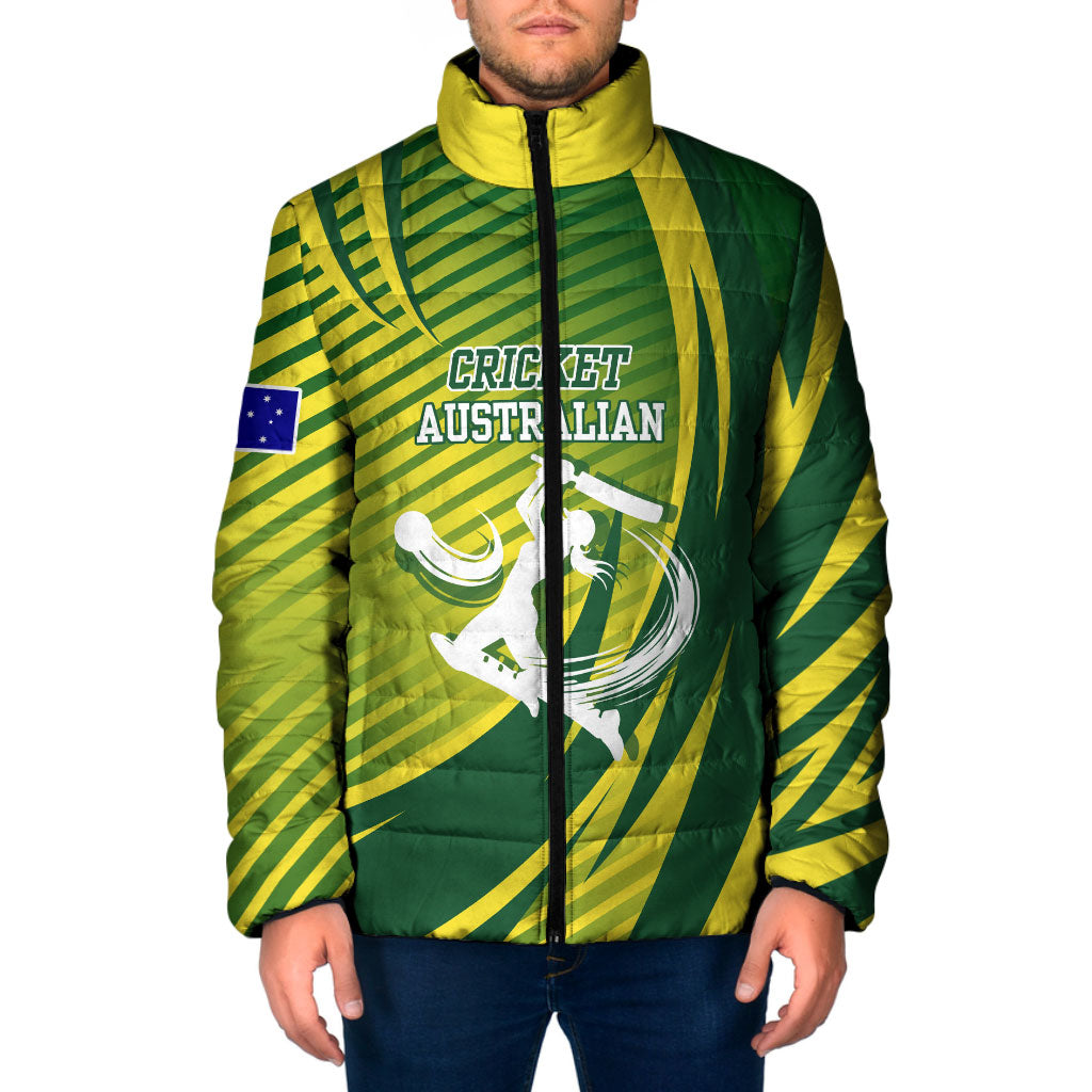 Australian Cricket Padded Jacket Dynamic Stripe Graphic With Player Silhouette