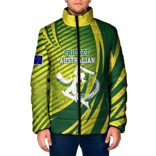 Australian Cricket Padded Jacket Dynamic Stripe Graphic With Player Silhouette