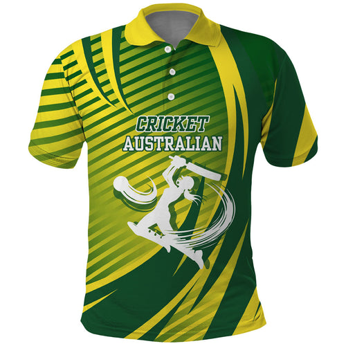Australian Cricket Polo Shirt Dynamic Stripe Graphic With Player Silhouette
