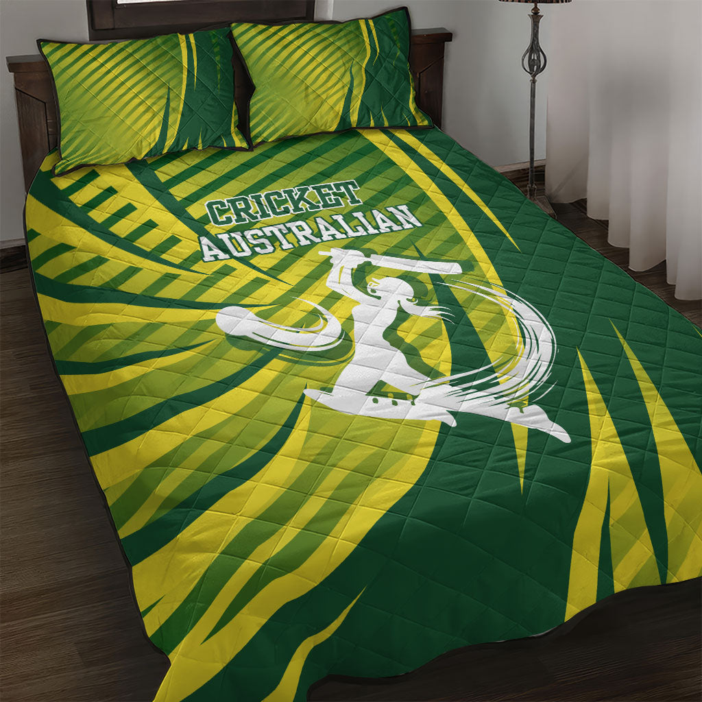 Australian Cricket Quilt Bed Set Dynamic Stripe Graphic With Player Silhouette