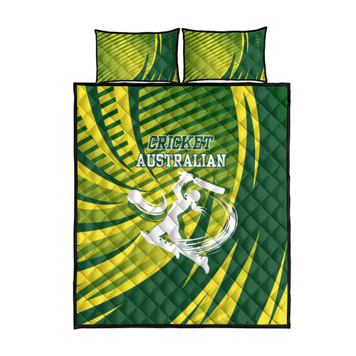 Australian Cricket Quilt Bed Set Dynamic Stripe Graphic With Player Silhouette