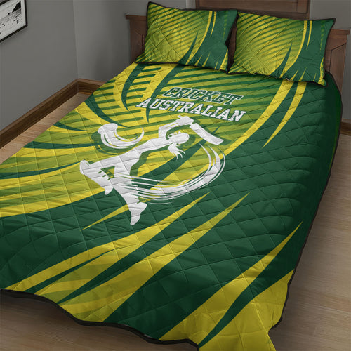 Australian Cricket Quilt Bed Set Dynamic Stripe Graphic With Player Silhouette