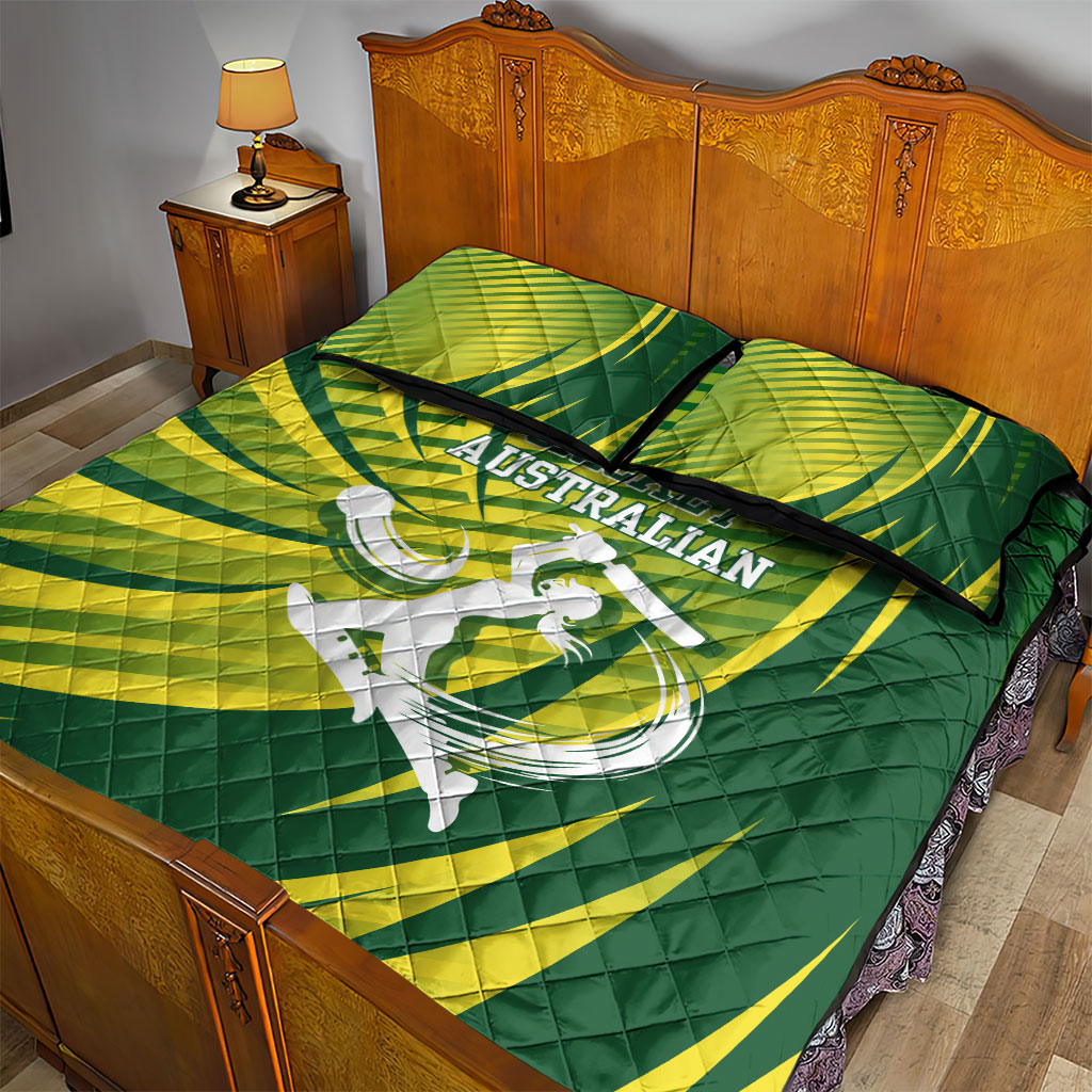 Australian Cricket Quilt Bed Set Dynamic Stripe Graphic With Player Silhouette