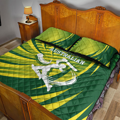 Australian Cricket Quilt Bed Set Dynamic Stripe Graphic With Player Silhouette