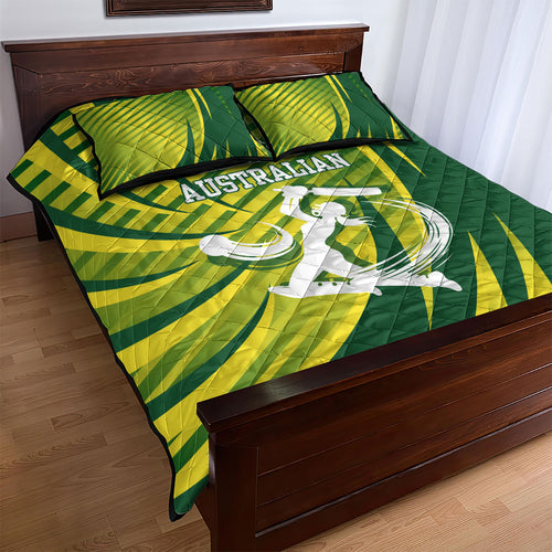 Australian Cricket Quilt Bed Set Dynamic Stripe Graphic With Player Silhouette