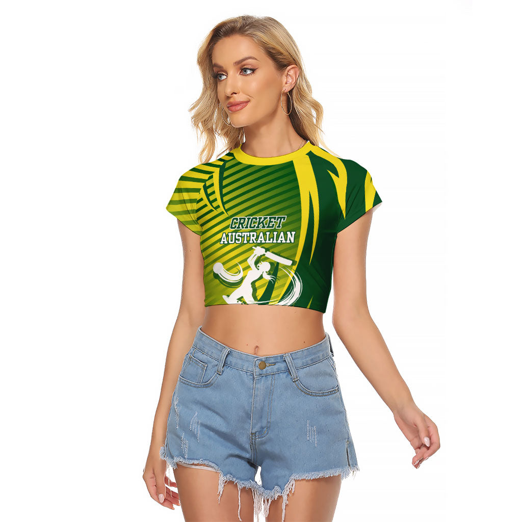 Australian Cricket Raglan Cropped T Shirt Dynamic Stripe Graphic With Player Silhouette