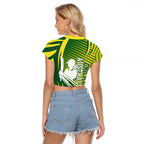 Australian Cricket Raglan Cropped T Shirt Dynamic Stripe Graphic With Player Silhouette