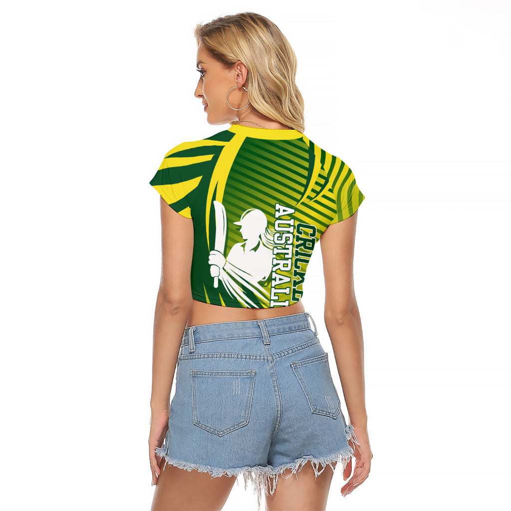 Australian Cricket Raglan Cropped T Shirt Dynamic Stripe Graphic With Player Silhouette