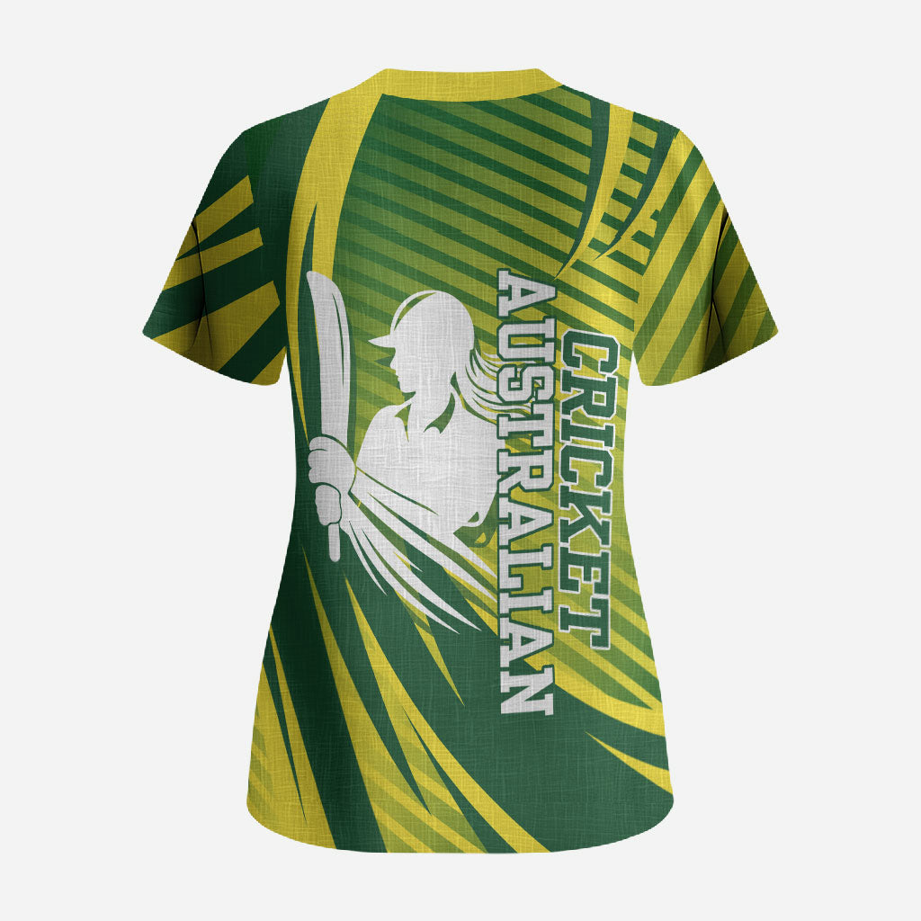 Australian Cricket Scrub Top Dynamic Stripe Graphic With Player Silhouette