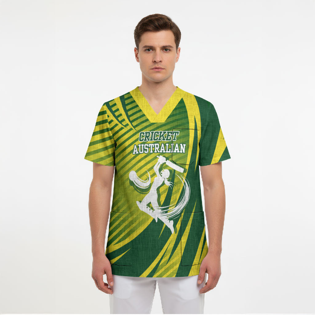Australian Cricket Scrub Top Dynamic Stripe Graphic With Player Silhouette