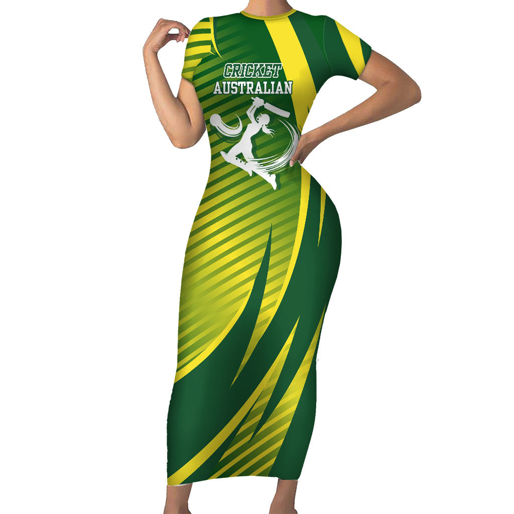 Australian Cricket Short Sleeve Bodycon Dress Dynamic Stripe Graphic With Player Silhouette