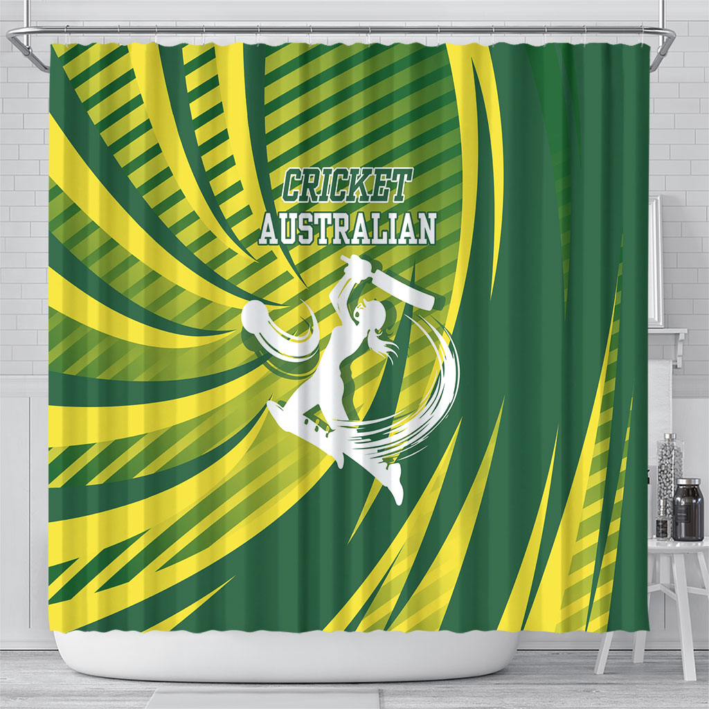 Australian Cricket Shower Curtain Dynamic Stripe Graphic With Player Silhouette