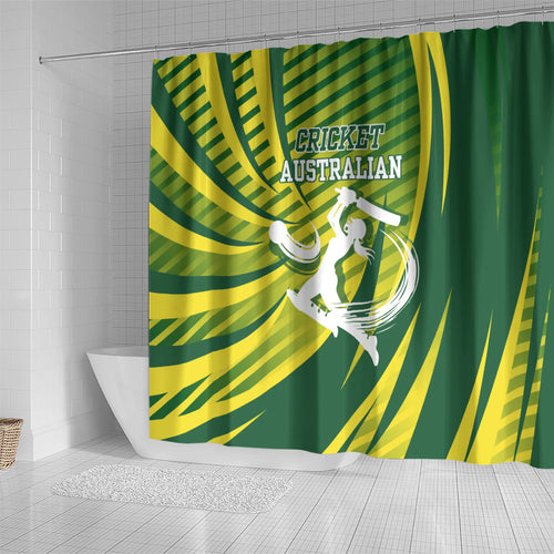 Australian Cricket Shower Curtain Dynamic Stripe Graphic With Player Silhouette