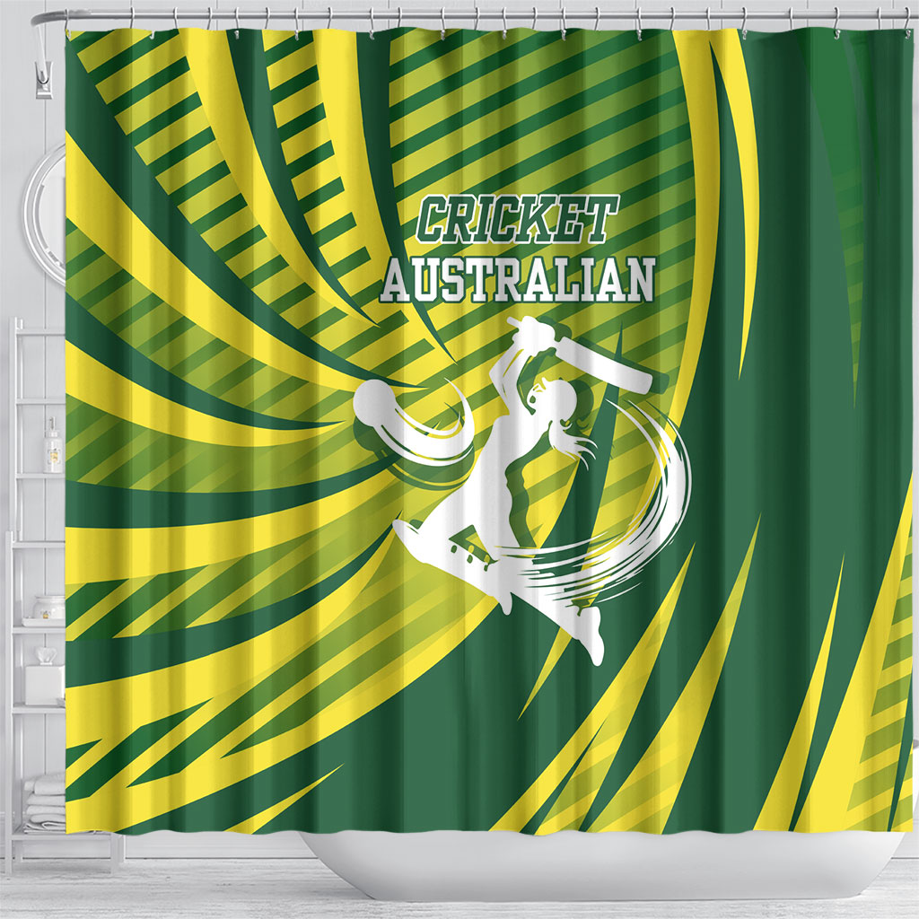 Australian Cricket Shower Curtain Dynamic Stripe Graphic With Player Silhouette