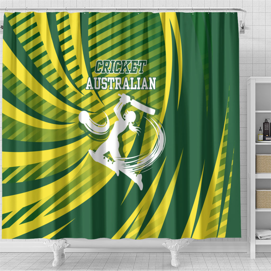 Australian Cricket Shower Curtain Dynamic Stripe Graphic With Player Silhouette