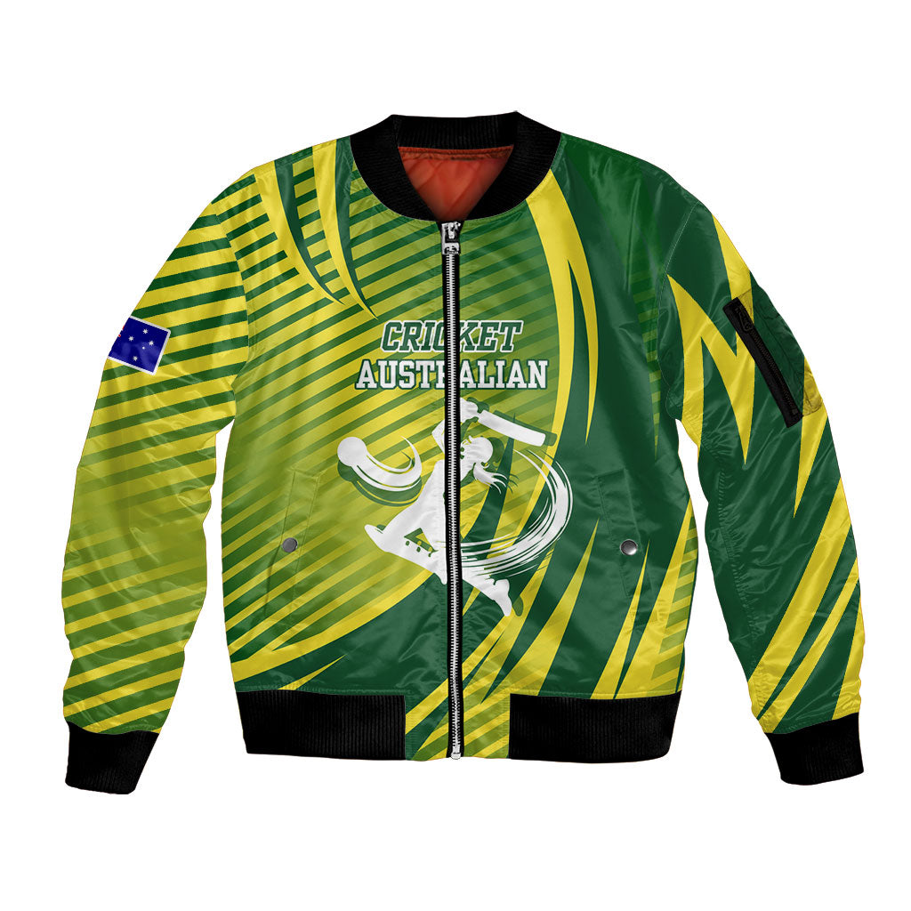 Australian Cricket Sleeve Zip Bomber Jacket Dynamic Stripe Graphic With Player Silhouette