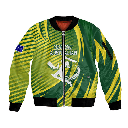 Australian Cricket Sleeve Zip Bomber Jacket Dynamic Stripe Graphic With Player Silhouette