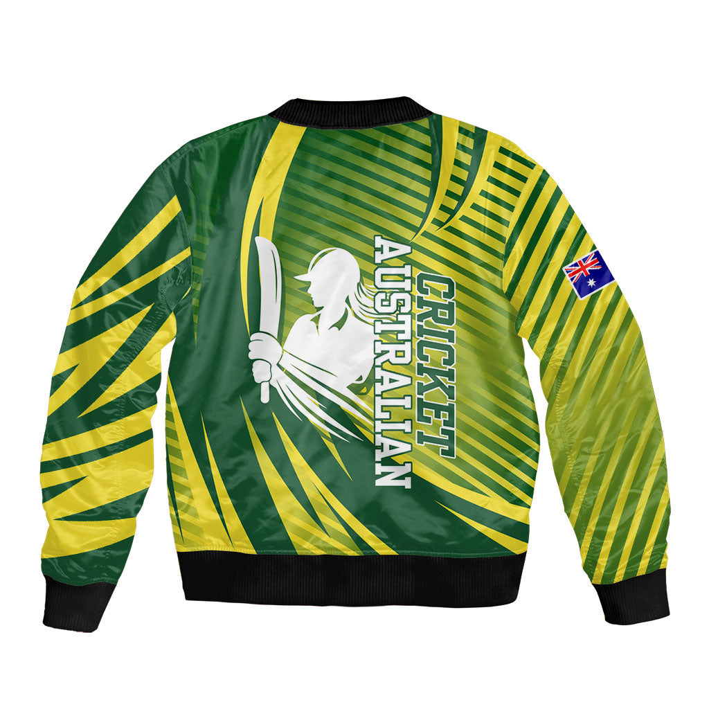 Australian Cricket Sleeve Zip Bomber Jacket Dynamic Stripe Graphic With Player Silhouette