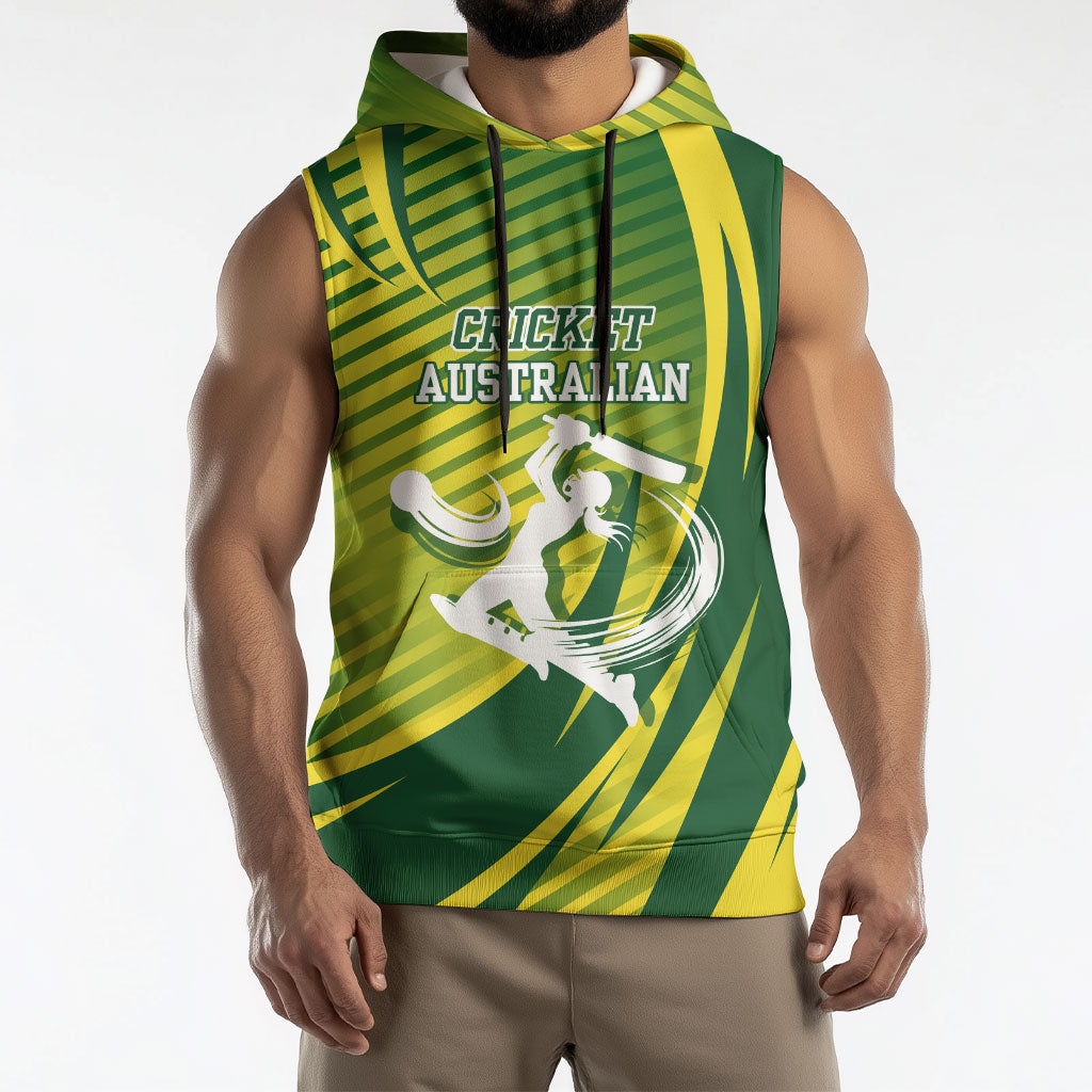 Australian Cricket Sleeveless Hoodie Dynamic Stripe Graphic With Player Silhouette