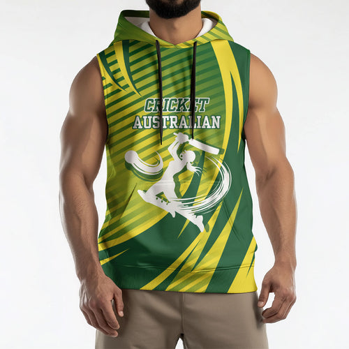 Australian Cricket Sleeveless Hoodie Dynamic Stripe Graphic With Player Silhouette
