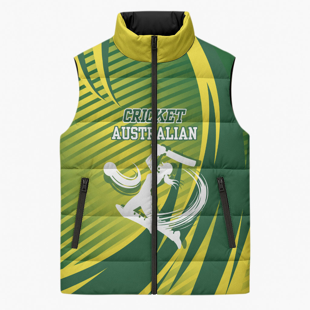 Australian Cricket Sleeveless Puffer Jacket Dynamic Stripe Graphic With Player Silhouette