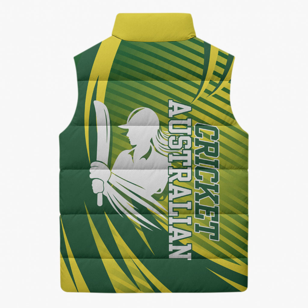Australian Cricket Sleeveless Puffer Jacket Dynamic Stripe Graphic With Player Silhouette