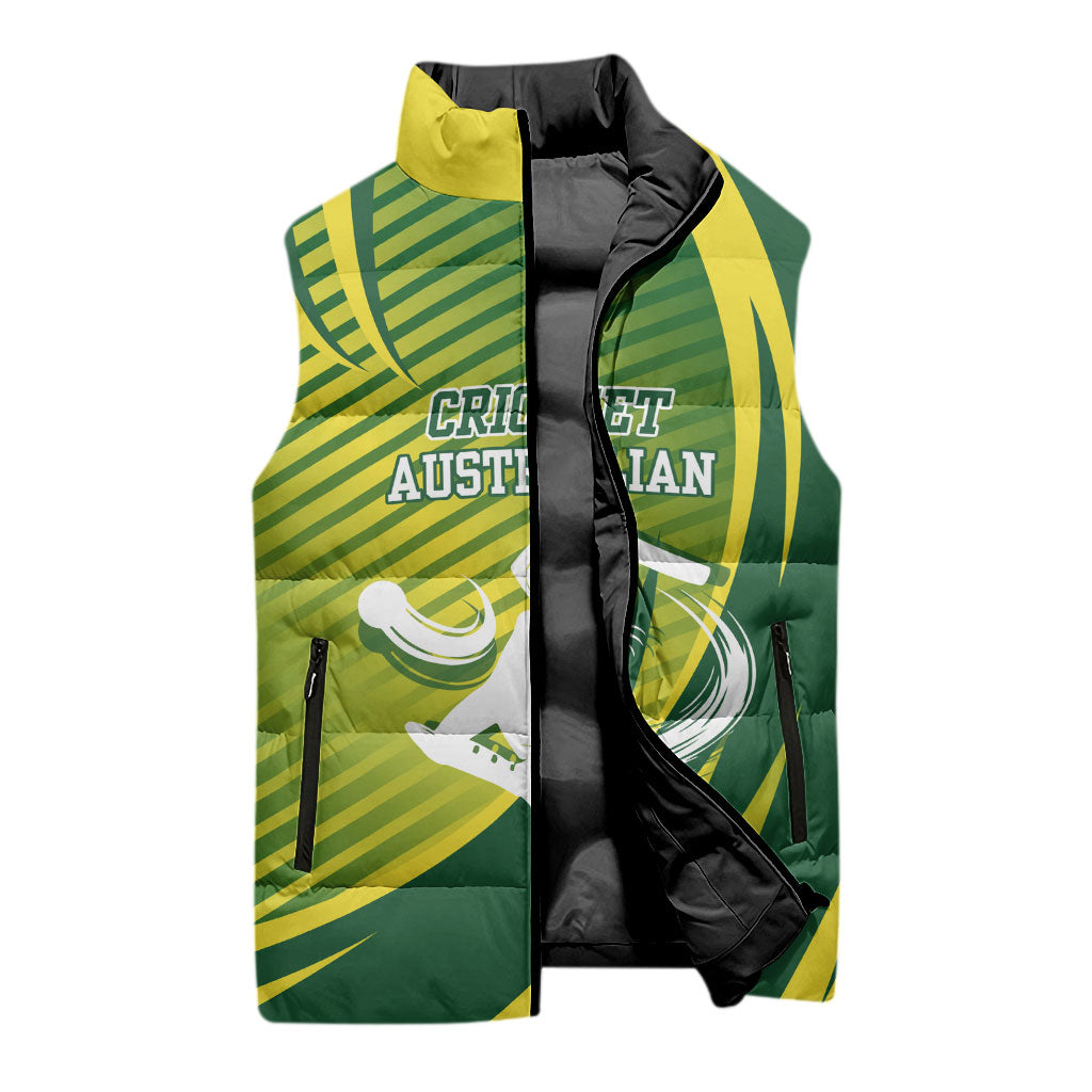 Australian Cricket Sleeveless Puffer Jacket Dynamic Stripe Graphic With Player Silhouette