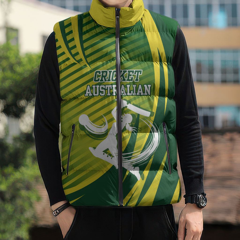 Australian Cricket Sleeveless Puffer Jacket Dynamic Stripe Graphic With Player Silhouette