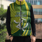 Australian Cricket Sleeveless Puffer Jacket Dynamic Stripe Graphic With Player Silhouette