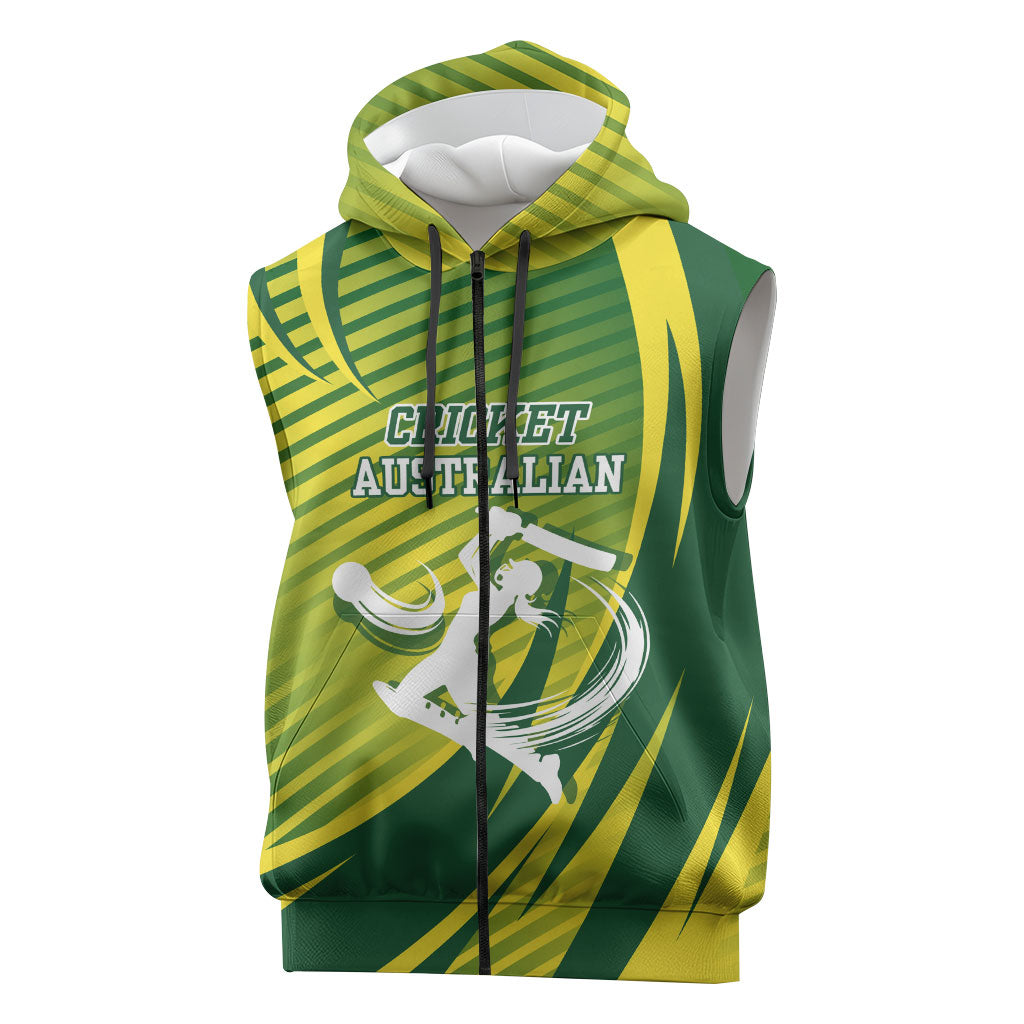 Australian Cricket Sleeveless Zip Hoodie Dynamic Stripe Graphic With Player Silhouette