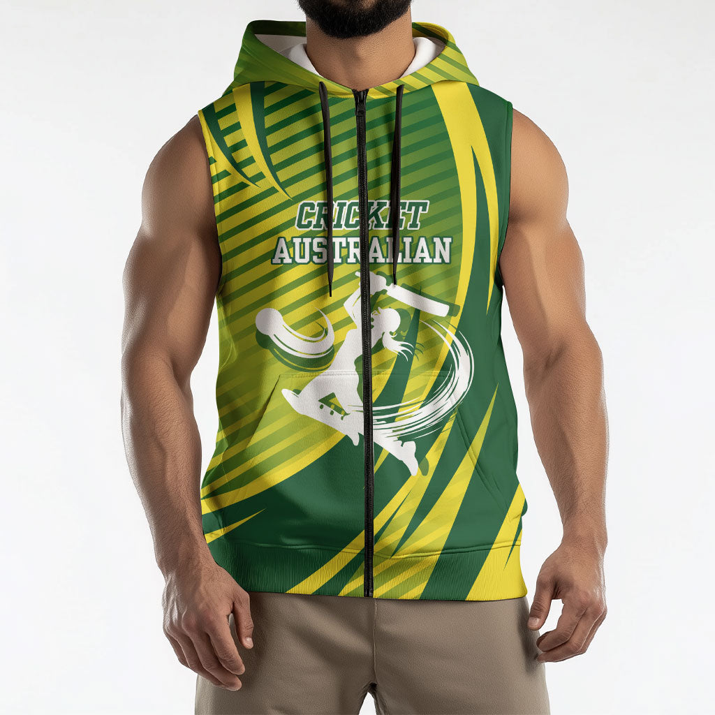 Australian Cricket Sleeveless Zip Hoodie Dynamic Stripe Graphic With Player Silhouette