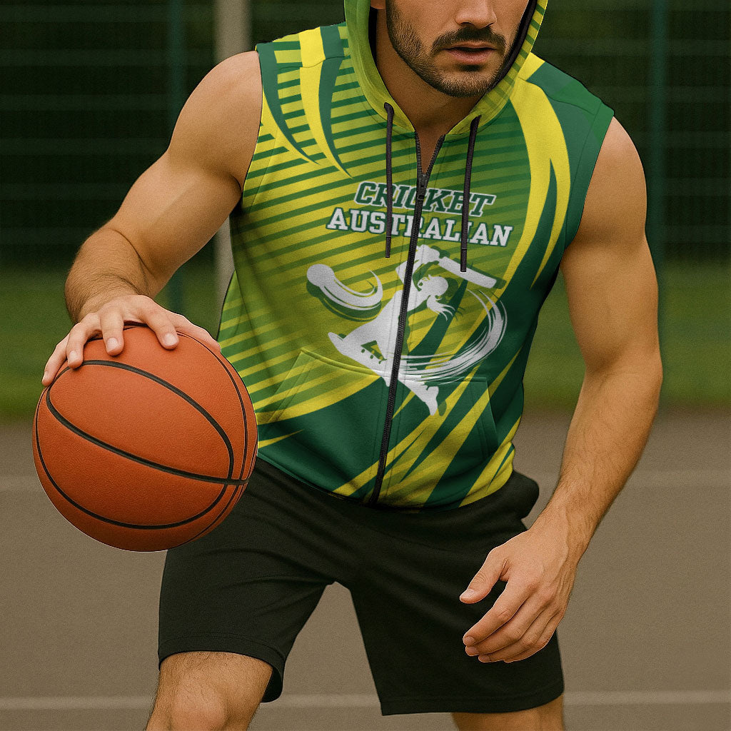 Australian Cricket Sleeveless Zip Hoodie Dynamic Stripe Graphic With Player Silhouette