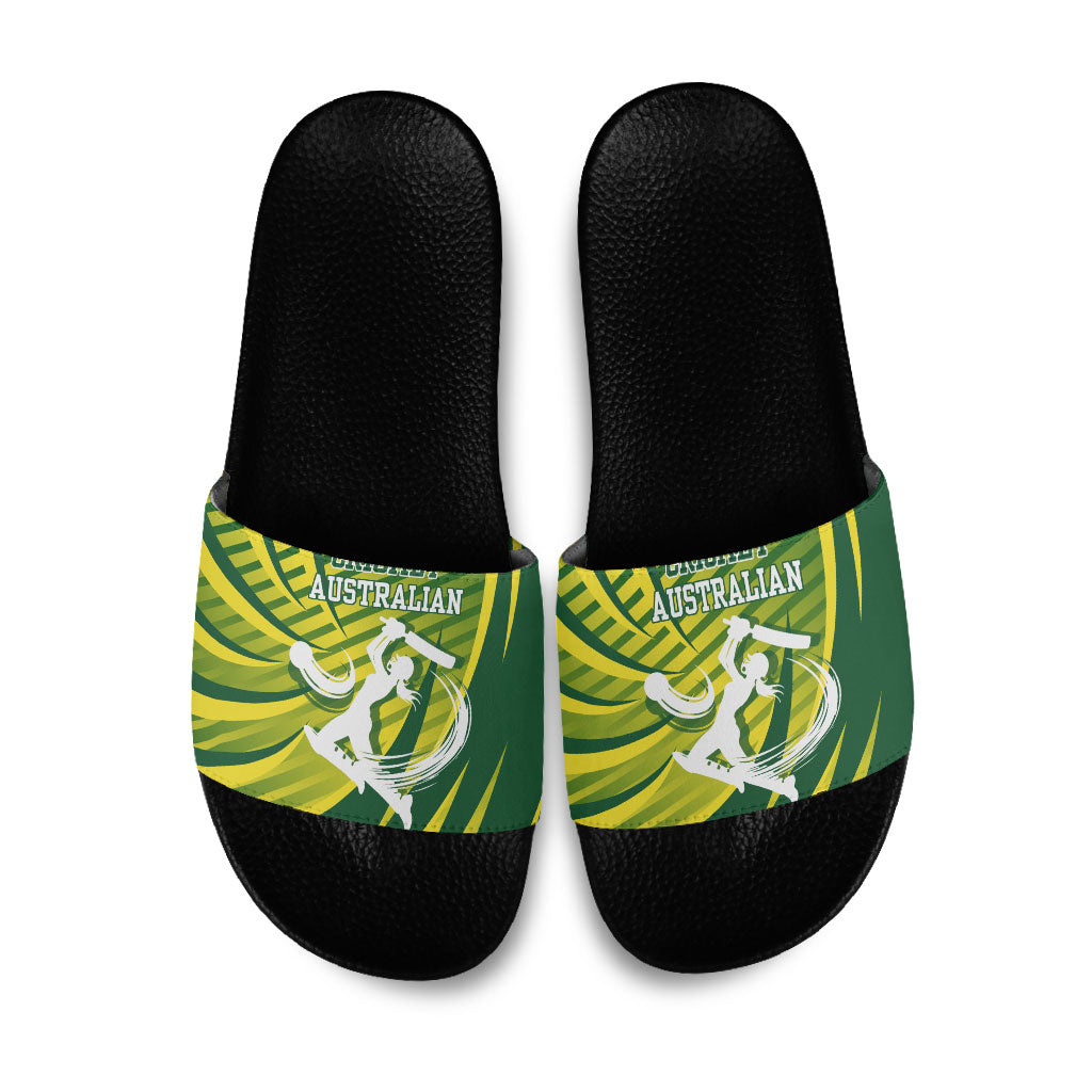 Australian Cricket Slide Sandals Dynamic Stripe Graphic With Player Silhouette