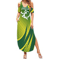 Australian Cricket Summer Maxi Dress Dynamic Stripe Graphic With Player Silhouette