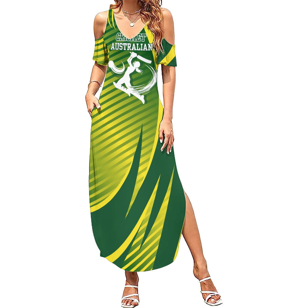 Australian Cricket Summer Maxi Dress Dynamic Stripe Graphic With Player Silhouette