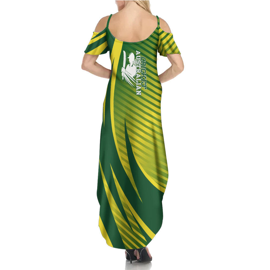 Australian Cricket Summer Maxi Dress Dynamic Stripe Graphic With Player Silhouette