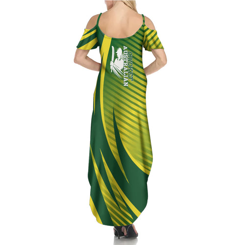 Australian Cricket Summer Maxi Dress Dynamic Stripe Graphic With Player Silhouette