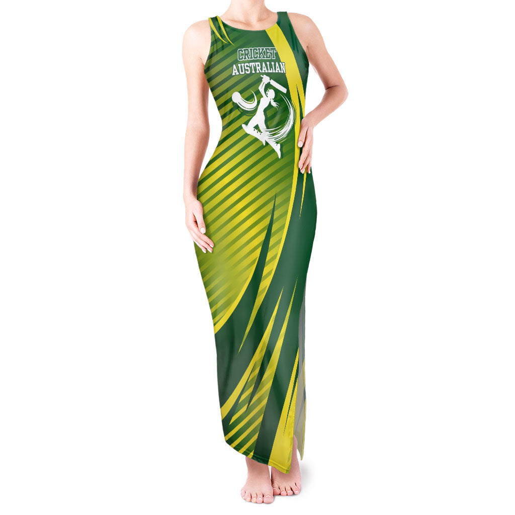 Australian Cricket Tank Maxi Dress Dynamic Stripe Graphic With Player Silhouette