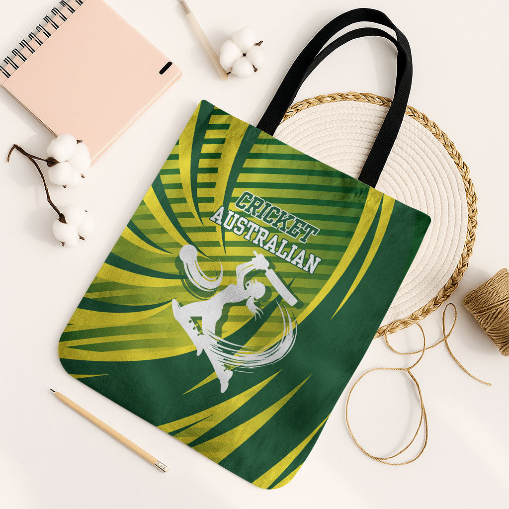 Australian Cricket Tote Bag Dynamic Stripe Graphic With Player Silhouette