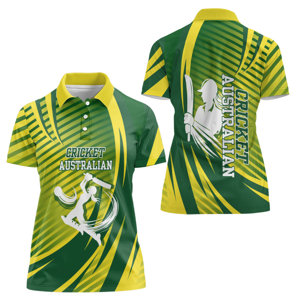 Australian Cricket Women Polo Shirt Dynamic Stripe Graphic With Player Silhouette