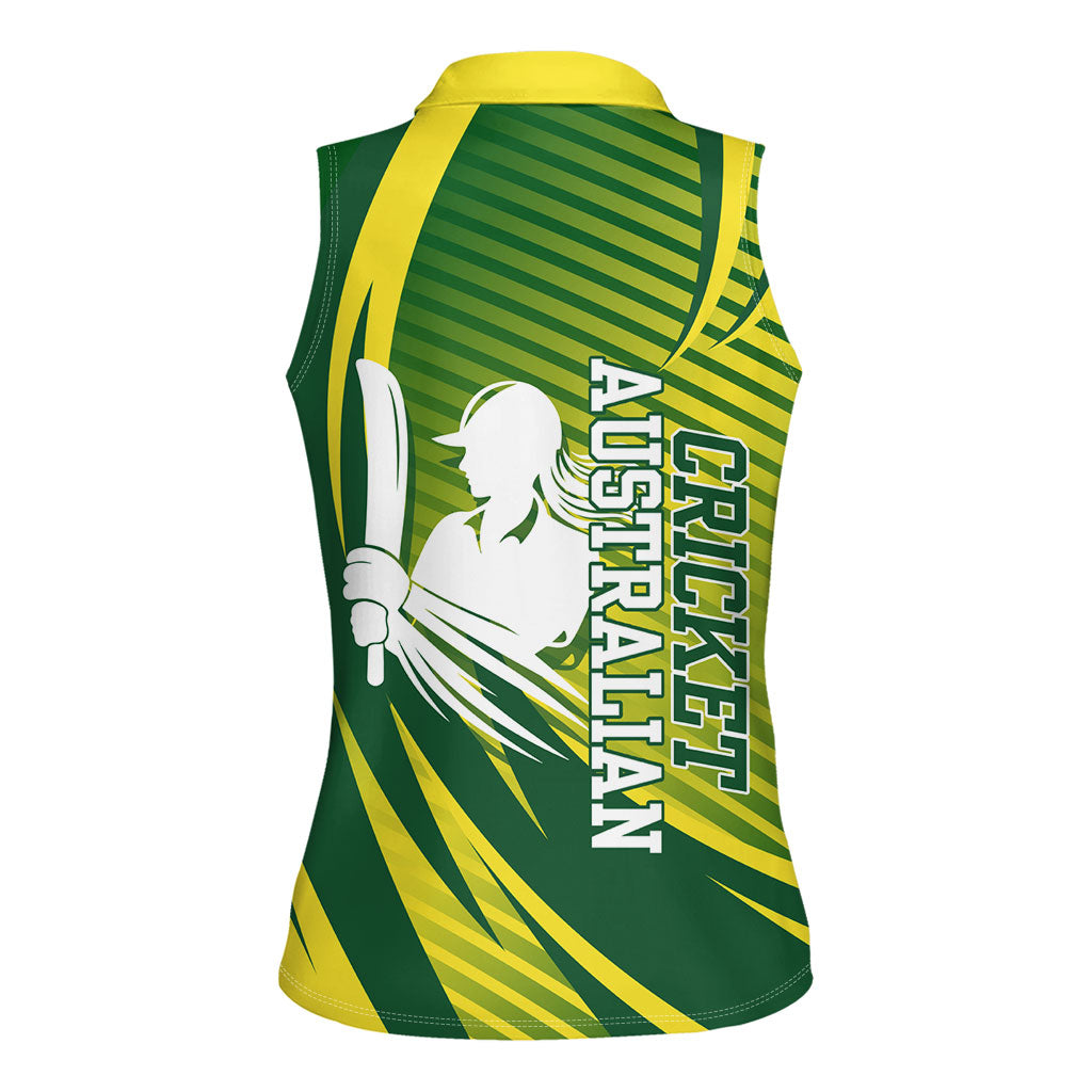 Australian Cricket Women Sleeveless Polo Shirt Dynamic Stripe Graphic With Player Silhouette