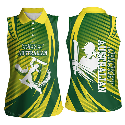 Australian Cricket Women Sleeveless Polo Shirt Dynamic Stripe Graphic With Player Silhouette