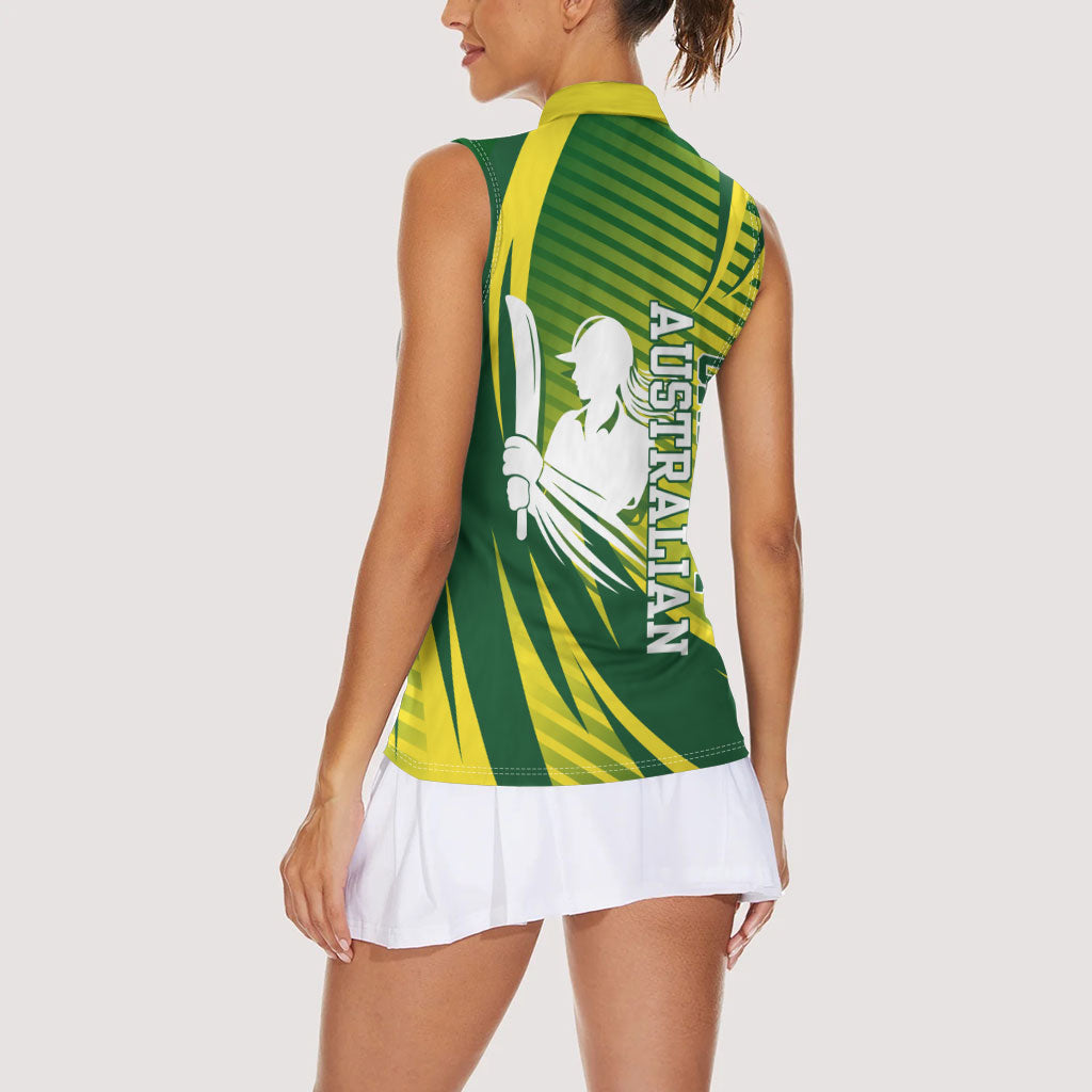 Australian Cricket Women Sleeveless Polo Shirt Dynamic Stripe Graphic With Player Silhouette
