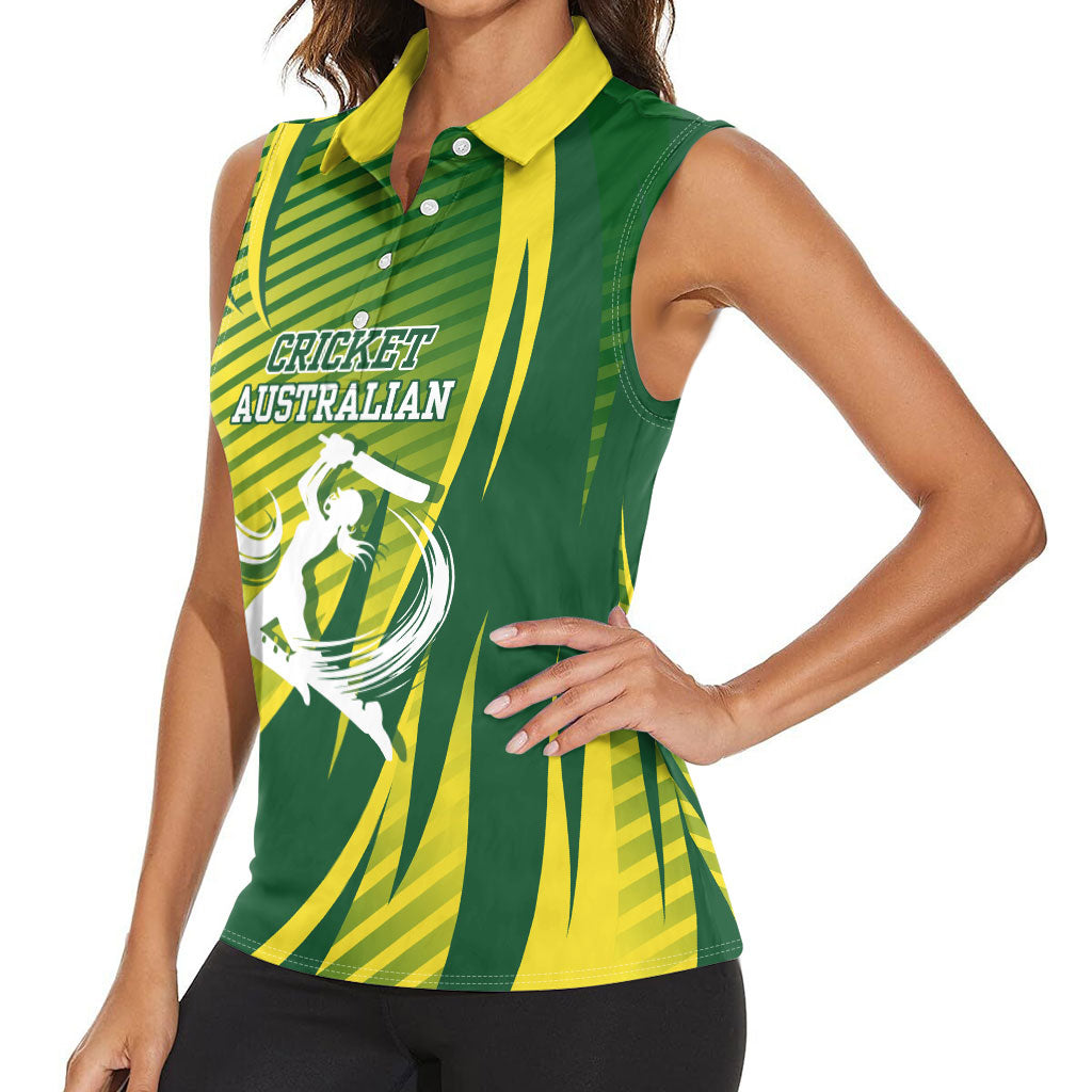 Australian Cricket Women Sleeveless Polo Shirt Dynamic Stripe Graphic With Player Silhouette