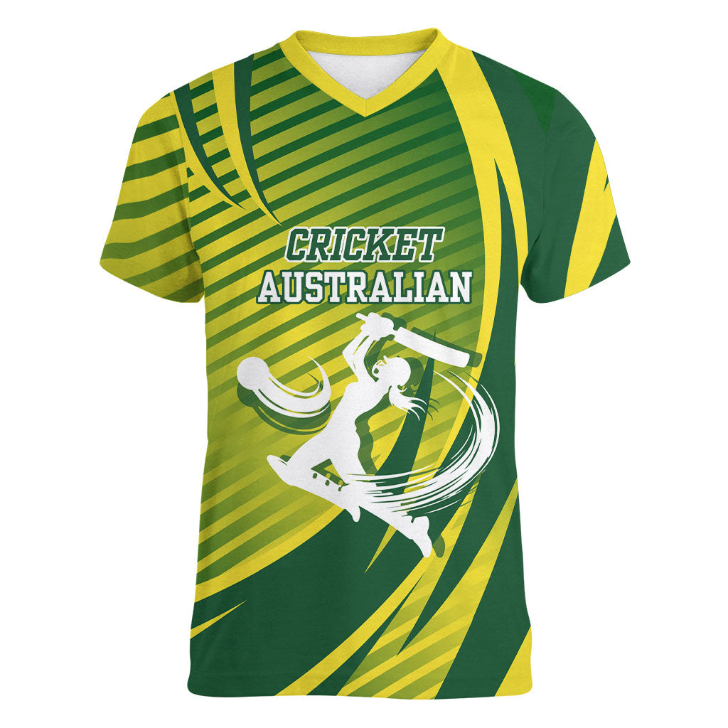 Australian Cricket Women V-Neck T-Shirt Dynamic Stripe Graphic With Player Silhouette