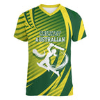 Australian Cricket Women V-Neck T-Shirt Dynamic Stripe Graphic With Player Silhouette