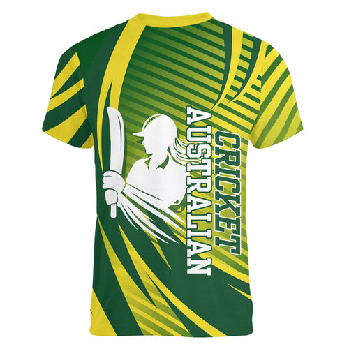 Australian Cricket Women V-Neck T-Shirt Dynamic Stripe Graphic With Player Silhouette