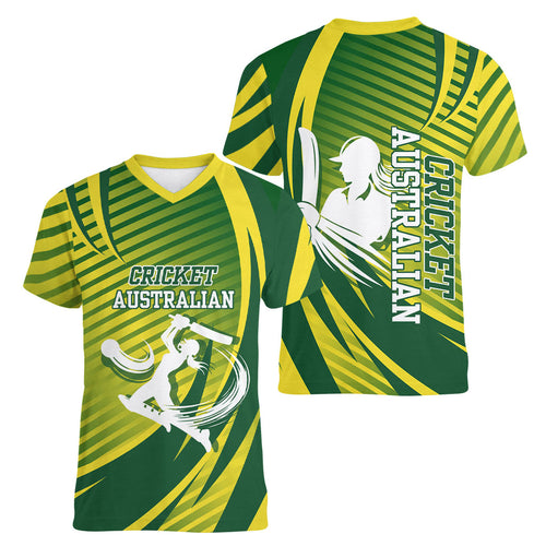 Australian Cricket Women V-Neck T-Shirt Dynamic Stripe Graphic With Player Silhouette
